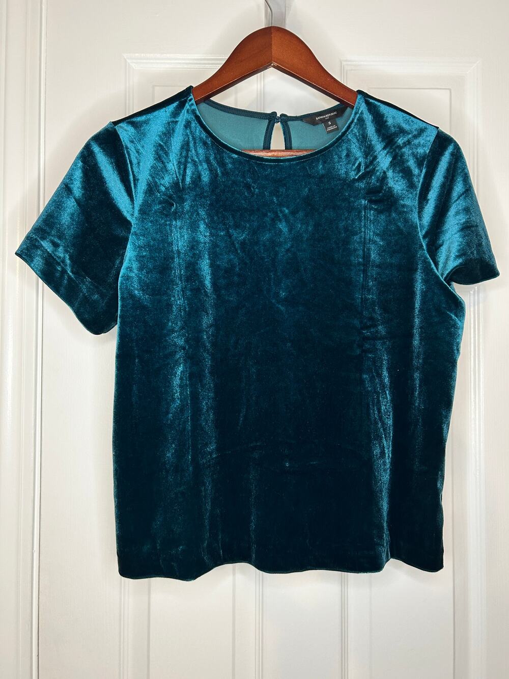 Banana Republic Factory Womens S Teal Velvet Short Sleeve Keyhole Blouse Top